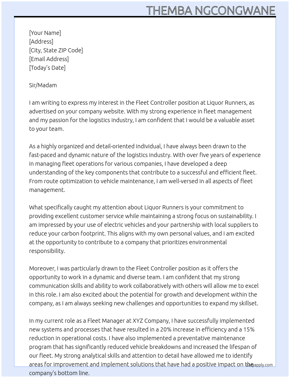 Fleet Controller At Liquor Runners Cover Letter
