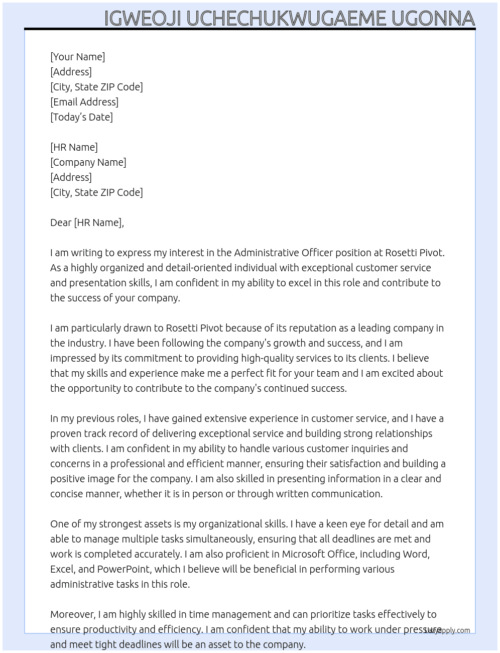 Administrative officer At Rosetti Pivot  Cover Letter