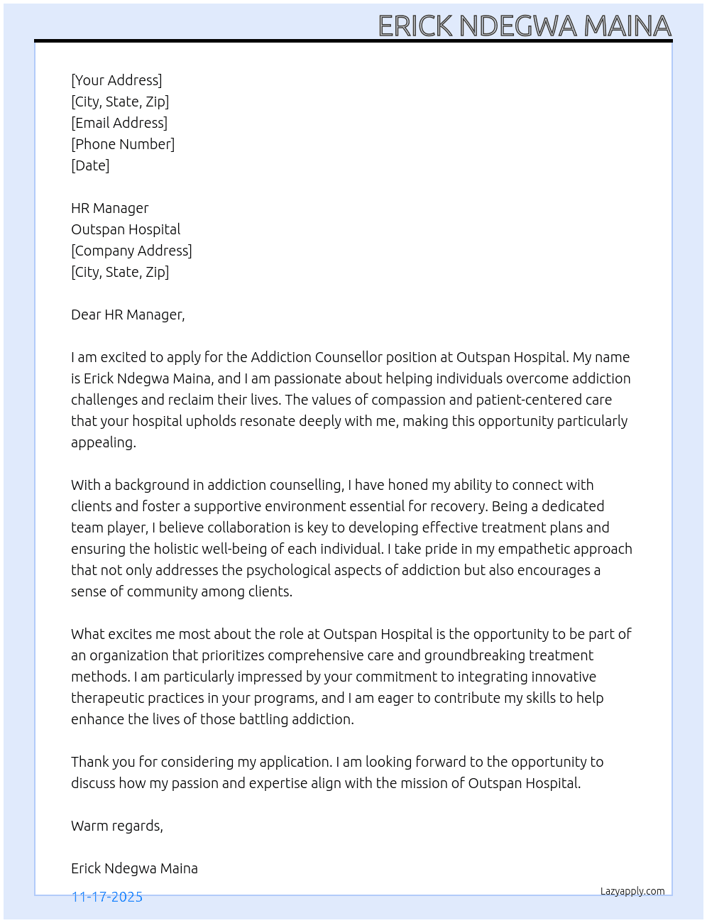 Addiction Counsellor At Outspan Hospital  Cover Letter