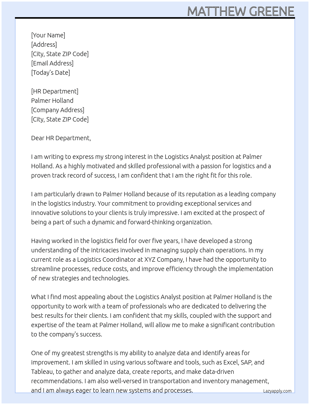 Logistics Analyst At Palmer Holland Cover Letter