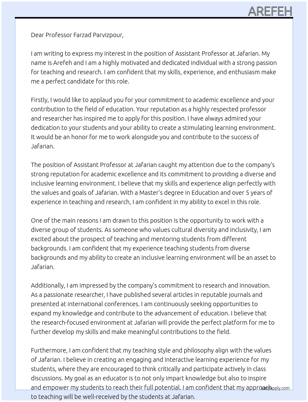 assistant professor At Jafarian Cover Letter