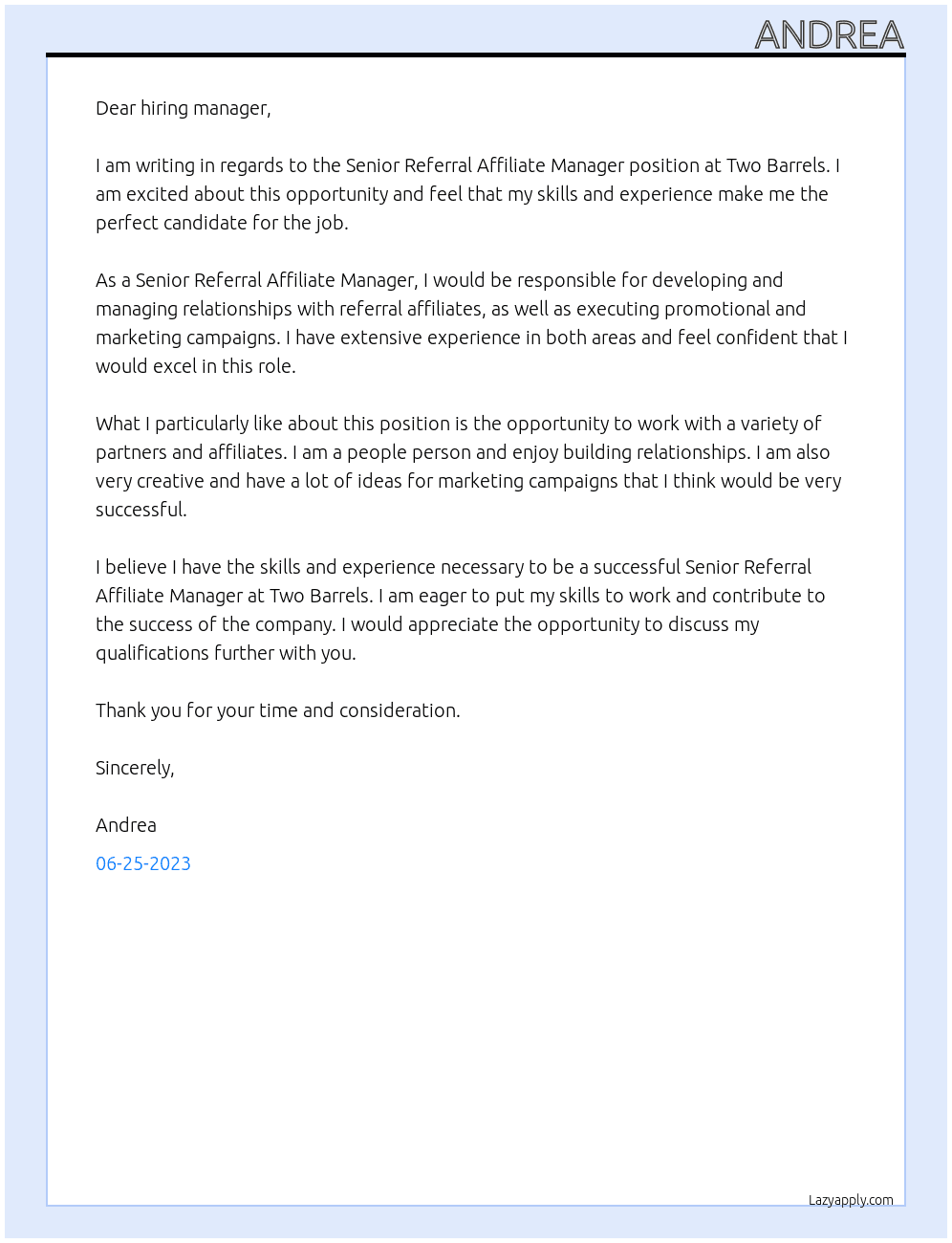 Senior Referral Affiliate Manager At Two Barrels Cover Letter