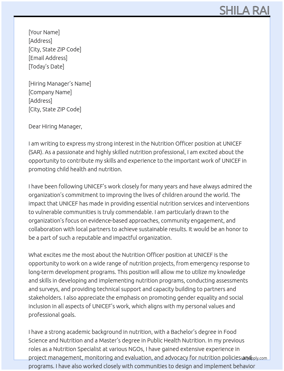 nutrition officer At UNICEF (SAR) Cover Letter