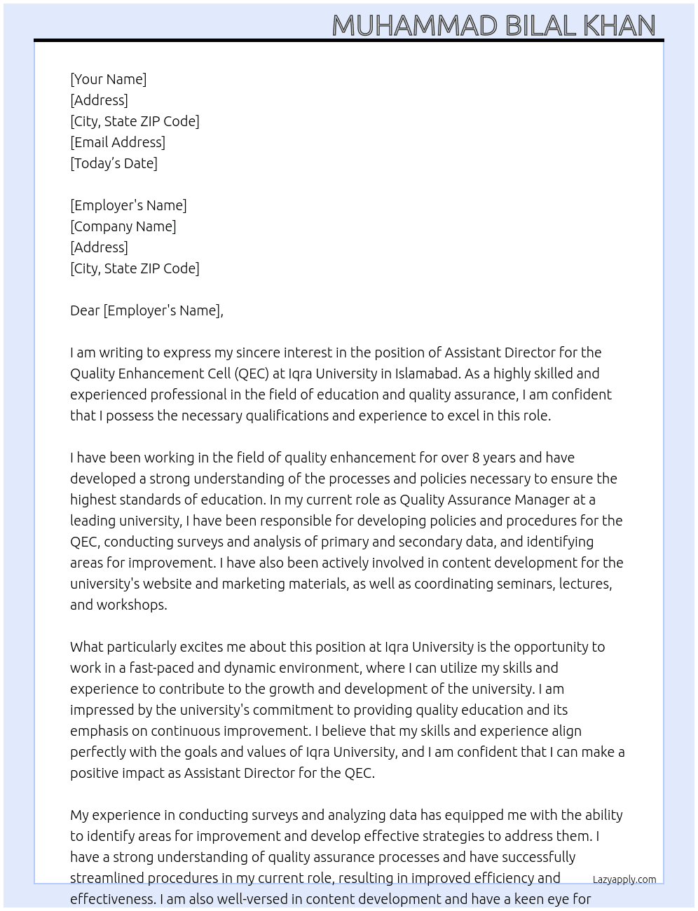 Assistant Director QEC  At Iqra University  Cover Letter
