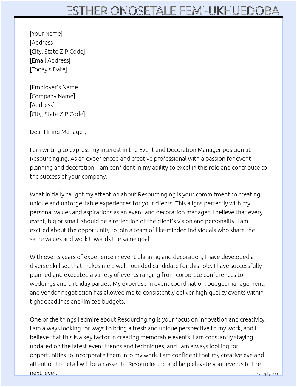 Event and decoration manager At Resourcing.ng  Cover Letter