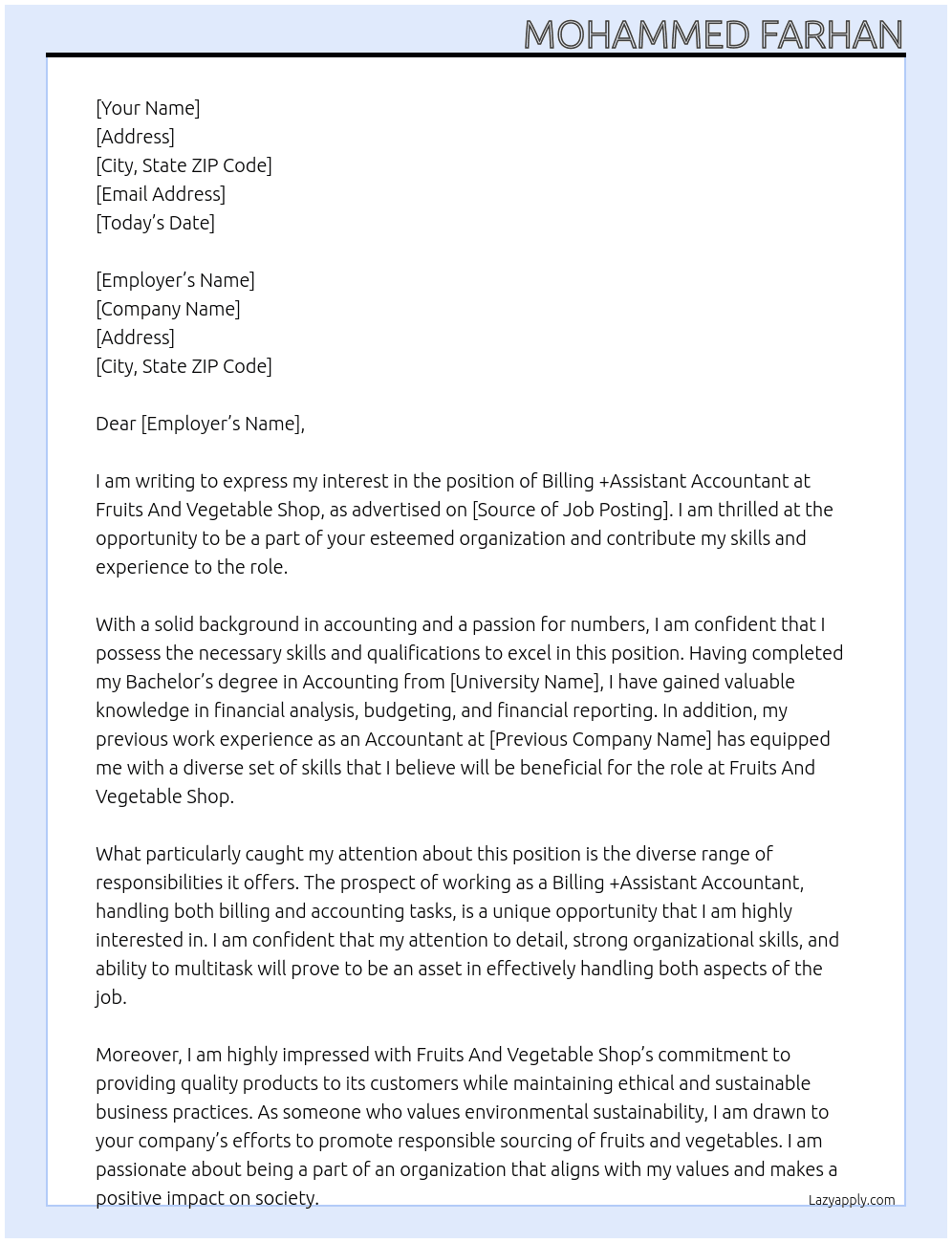 Billing +Assistant Accountant At Fruits And Vegetable Shop  Cover Letter