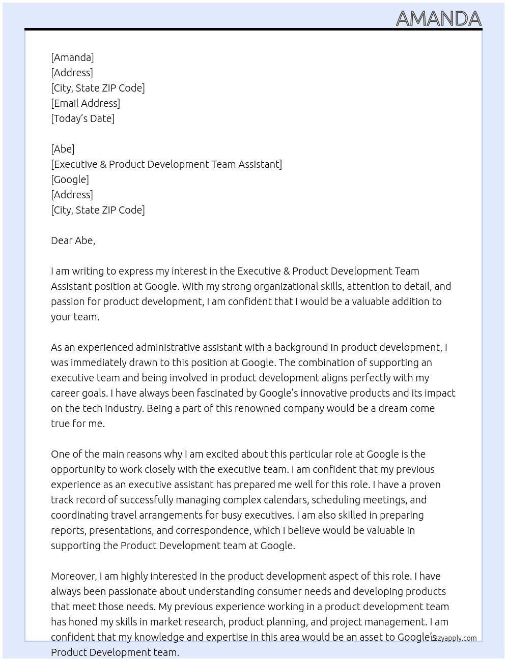 Cover letter for executive & product development team assistant - LazyApply