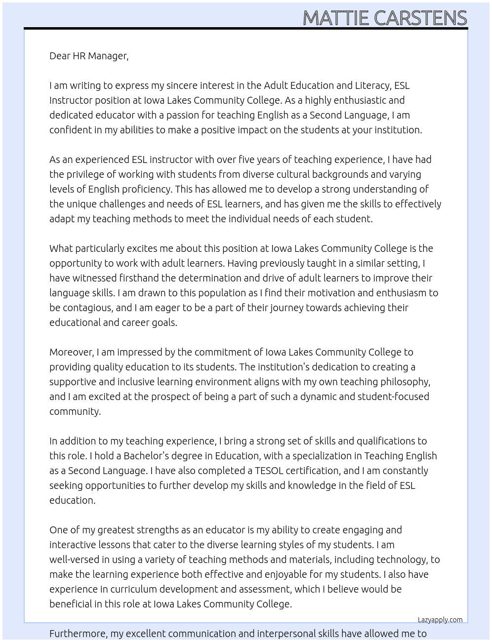 Adult Education and Literacy, ESL Instructor At Iowa Lakes Community College Cover Letter