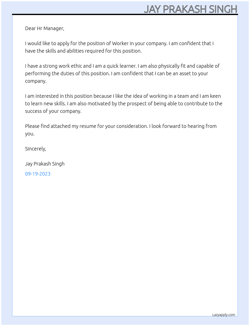 Worker At Finland company Cover Letter