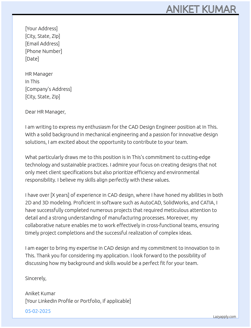 CAD Design engineer  At In this Cover Letter