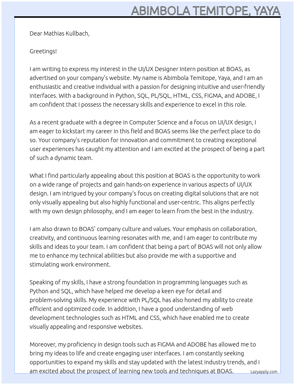 UI/UX Designer Intern At BOAS Cover Letter