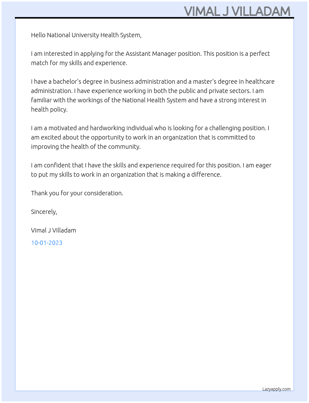 Asistant Manager  At National University health system  Cover Letter