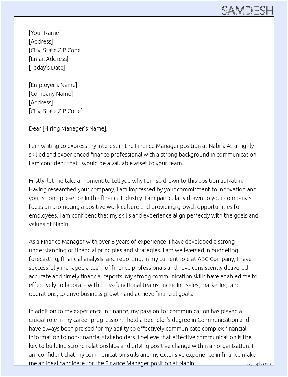 Finance manager At Nabin Cover Letter