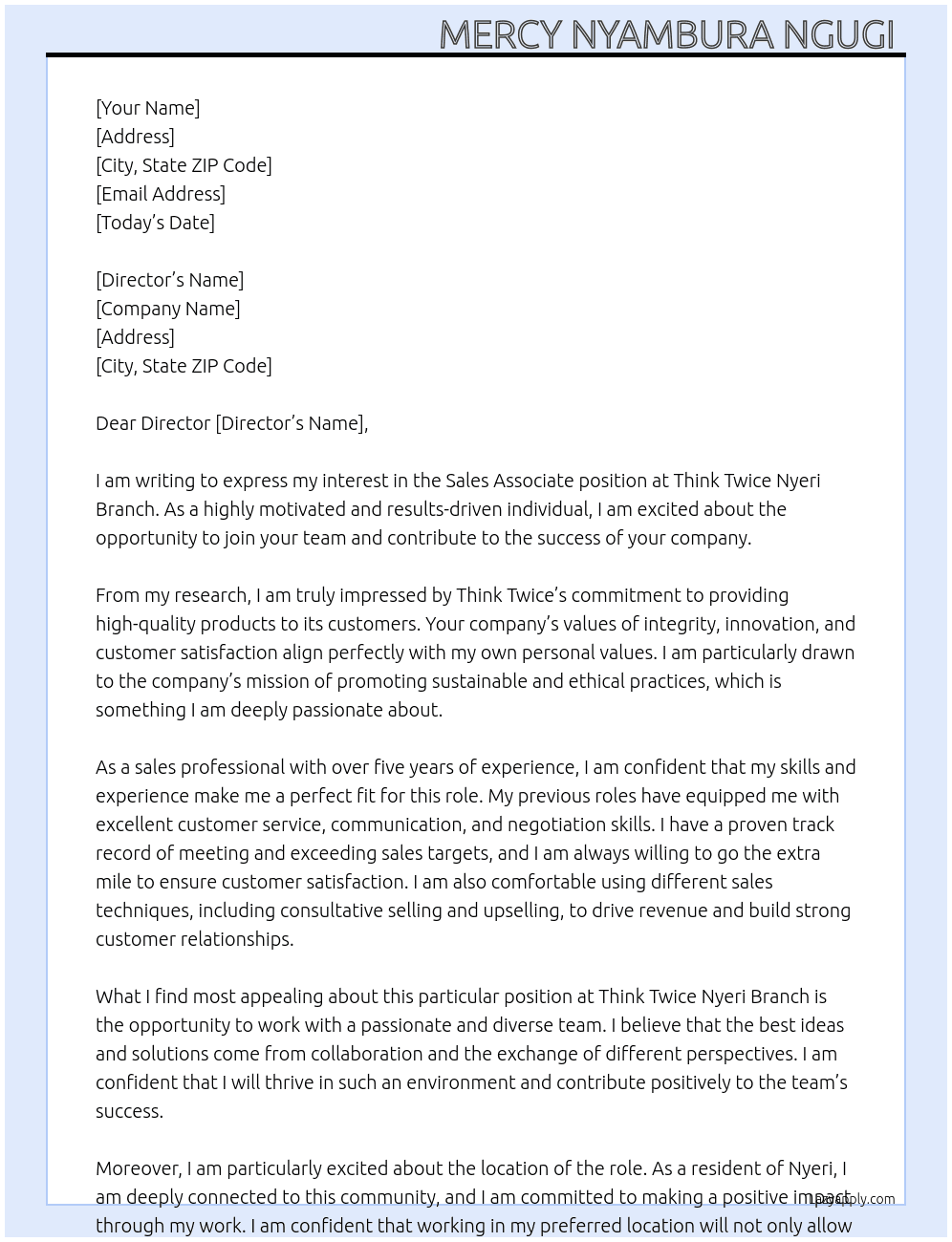Sales associate At Think twice nyeri branch  Cover Letter