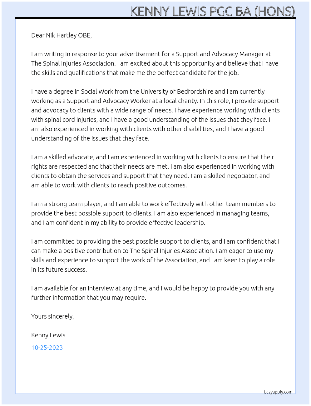 Support and advocacy manager At The Spinal Injuries Association  Cover Letter