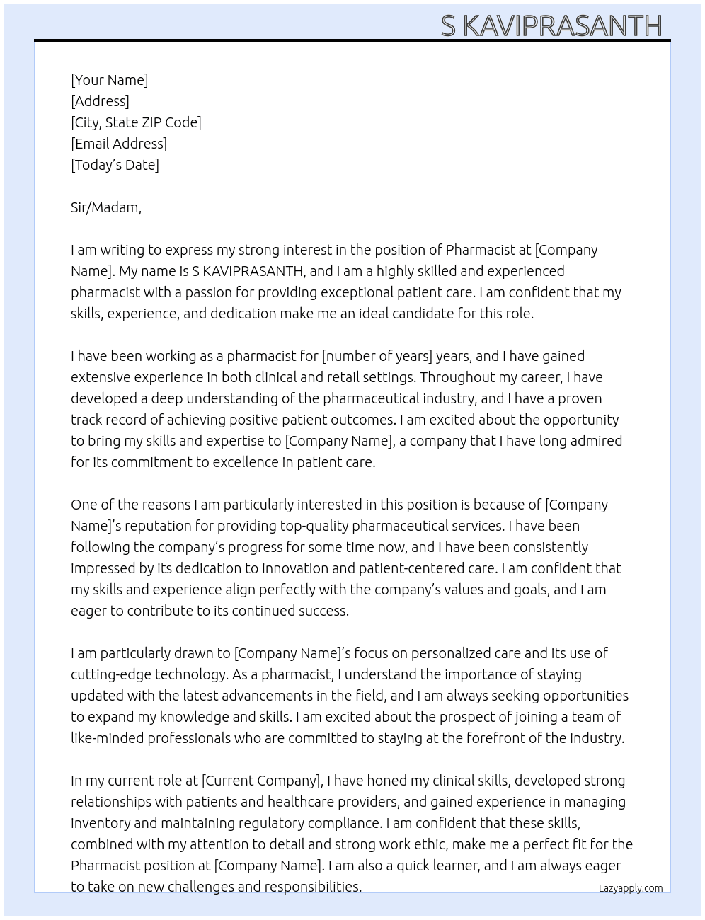 Pharmacist  At Industry  Cover Letter