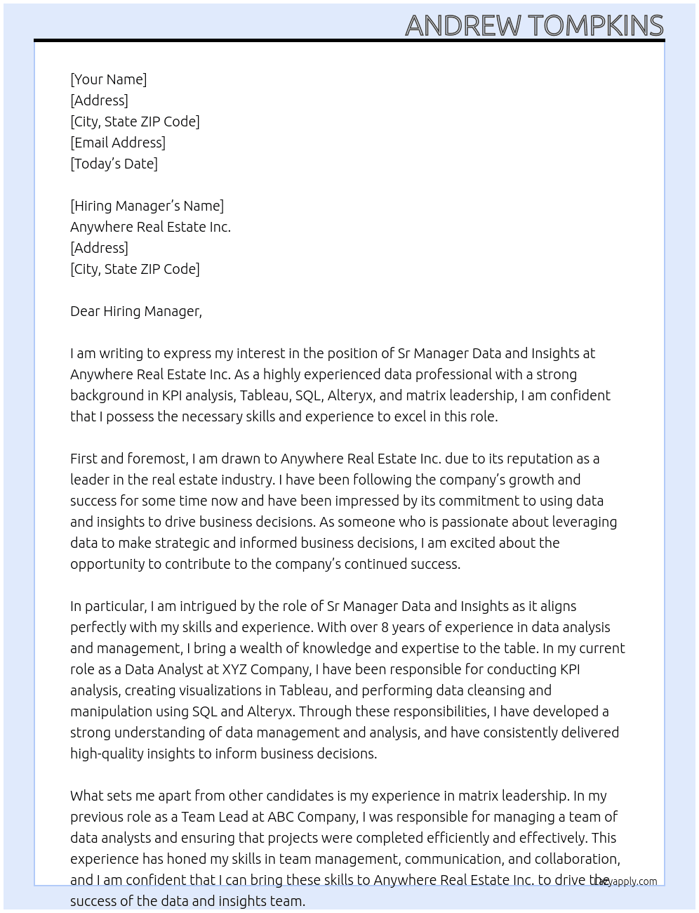 Sr Manager Data and Insights At Anywhere Real Estate Inc. Cover Letter