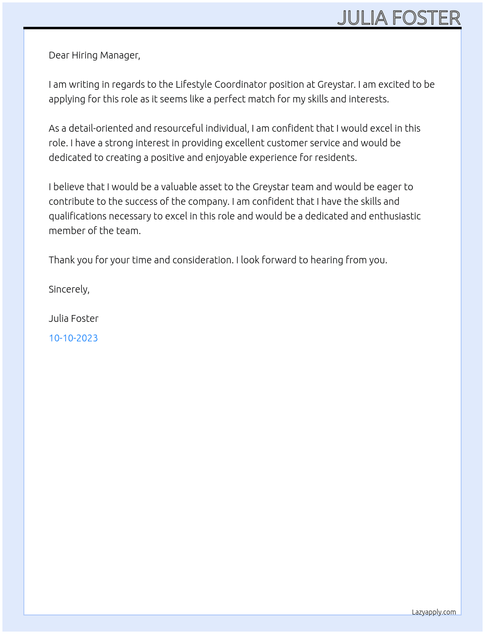 Lifestyle Coordinator At Greystar Cover Letter