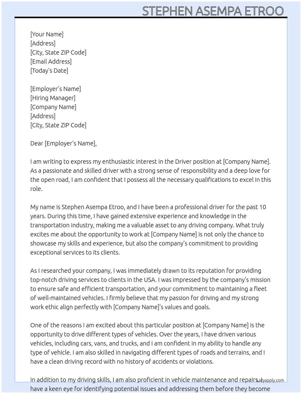 Driver  At A driving company in the USA Cover Letter
