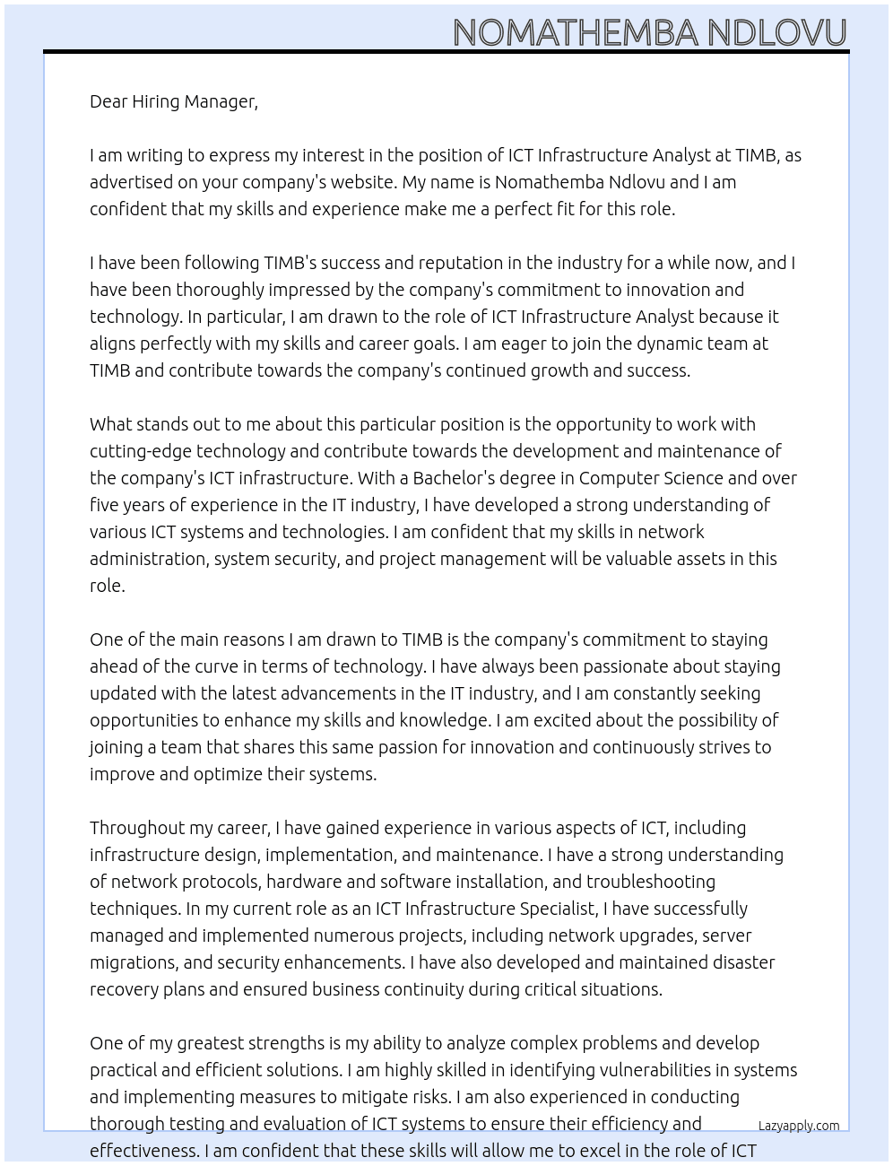 ICT Infrastructure Analyst At TIMB Cover Letter