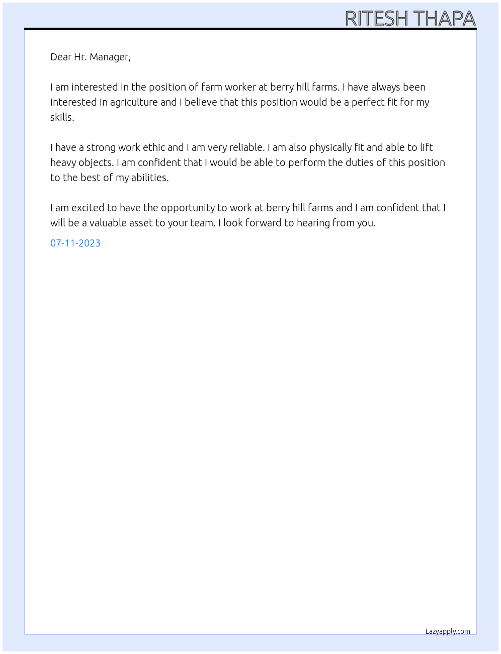farm worker At berry hill farms Cover Letter