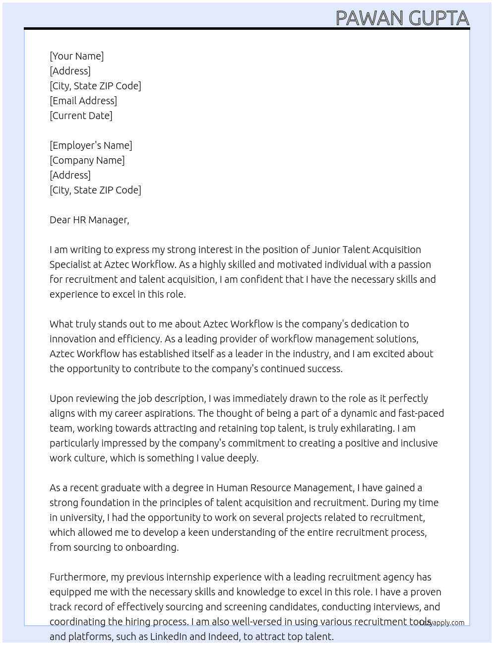 Junior Talent Acquisition Specialist  At Aztec Workflow  Cover Letter