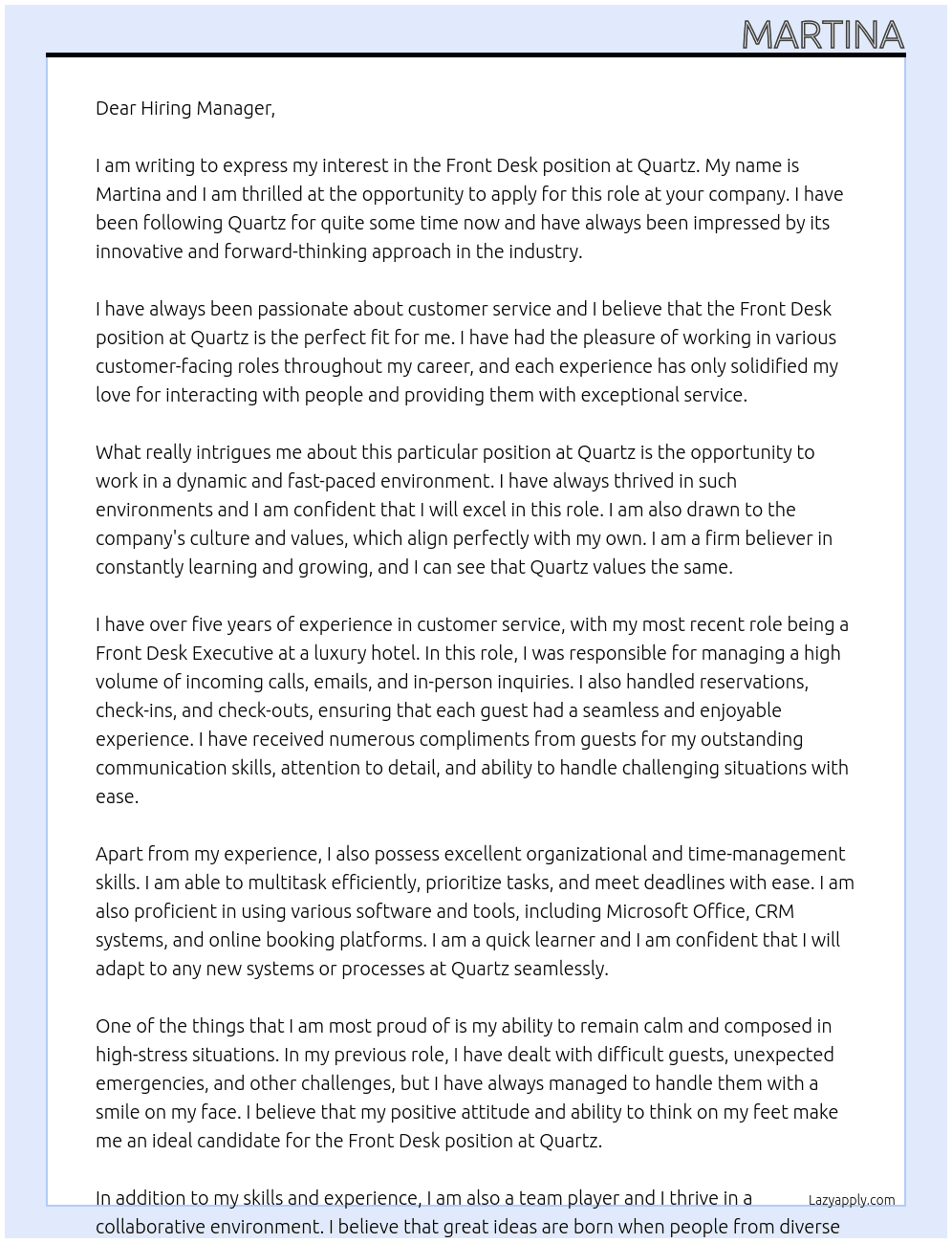 Front Desk At Quartz Cover Letter