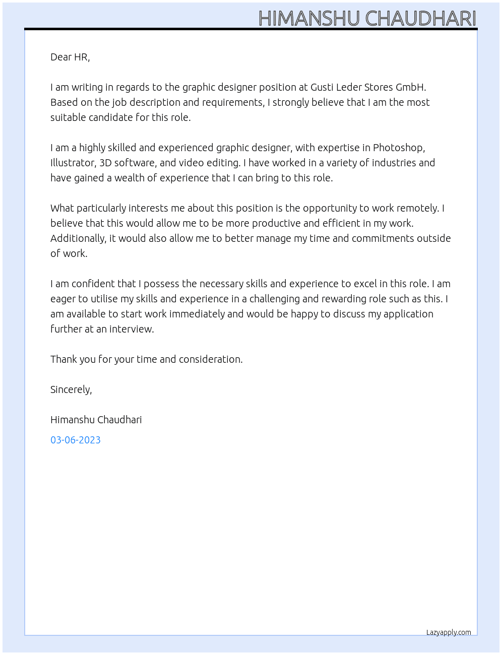 graphic designer At Gusti Leder Stores GmbH Cover Letter
