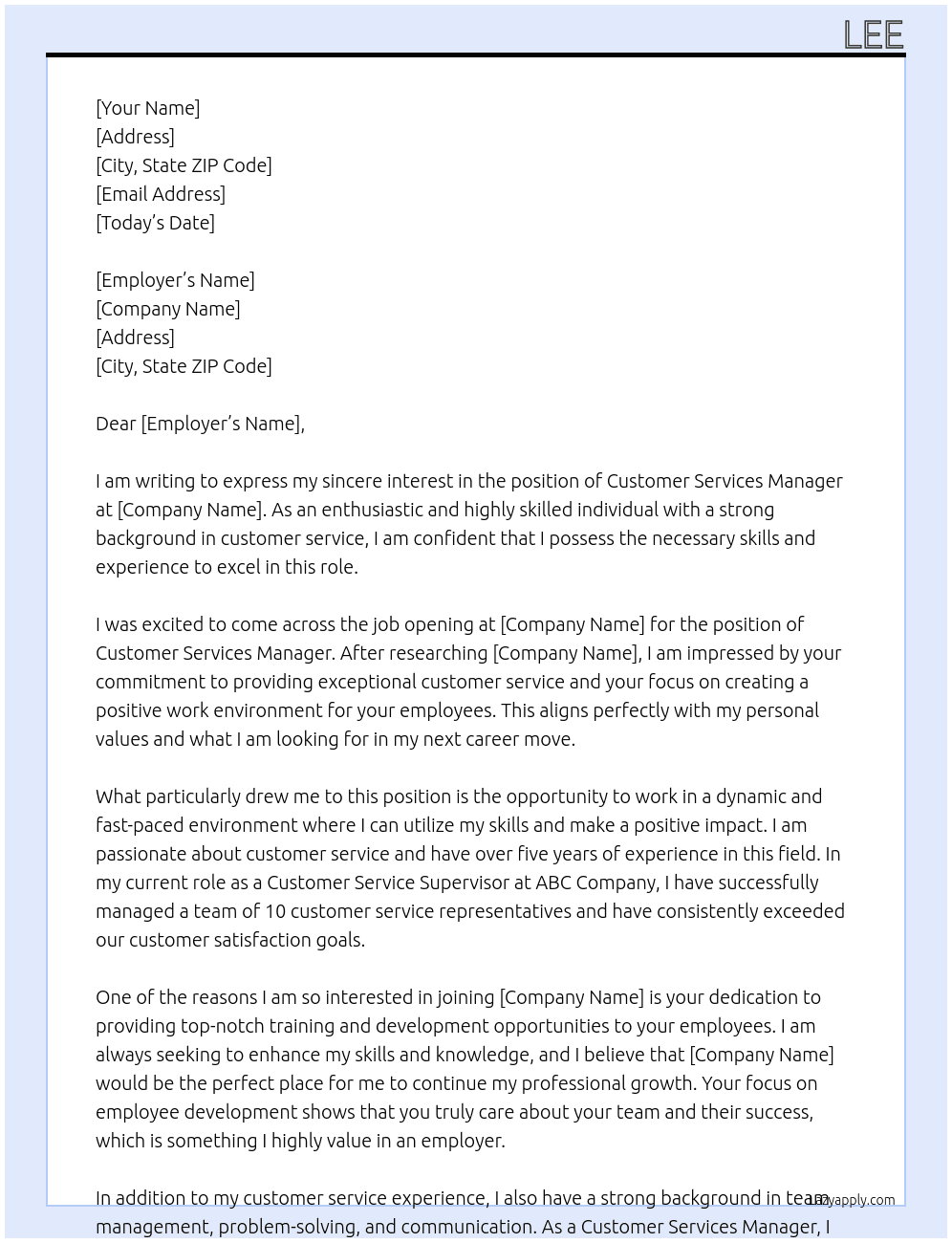 Customer Services Manager At TBC Cover Letter