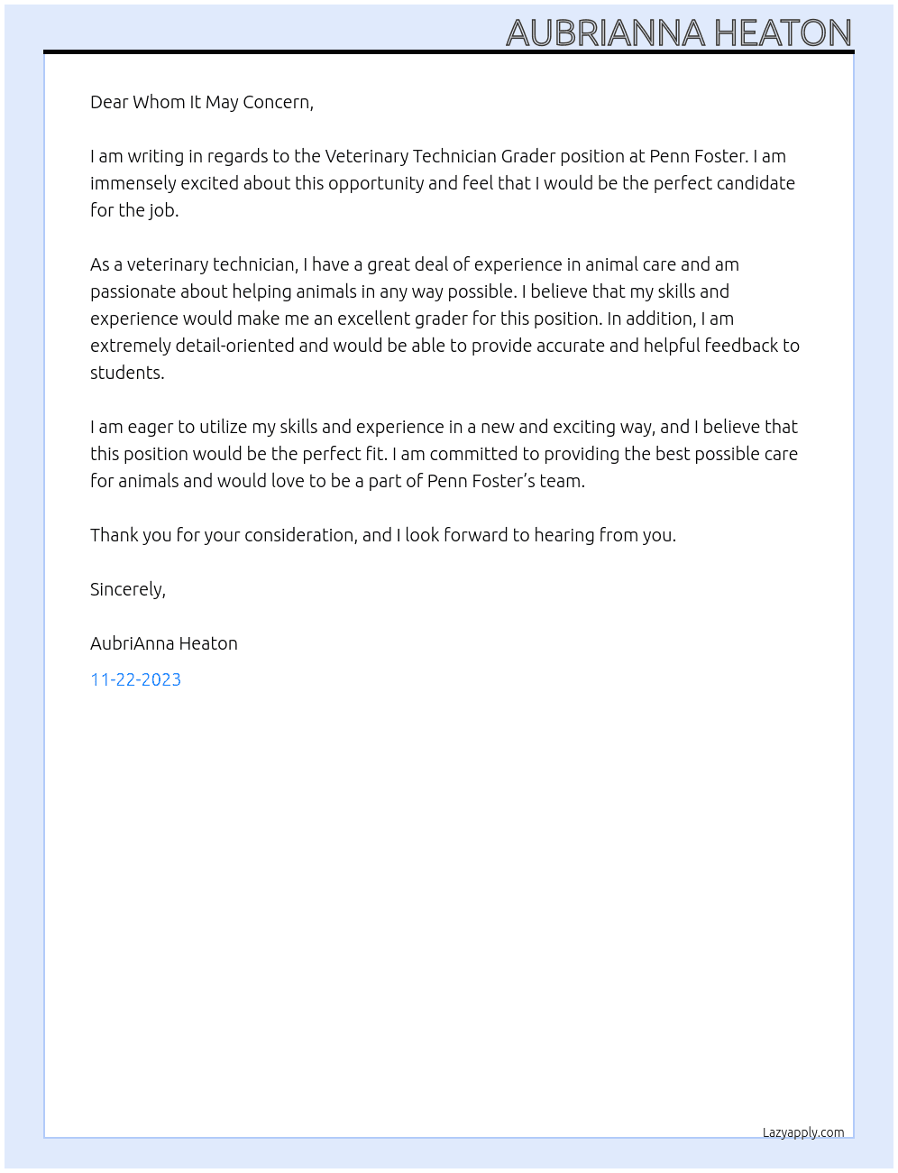 Veterinary Technician Grader At Penn Foster  Cover Letter