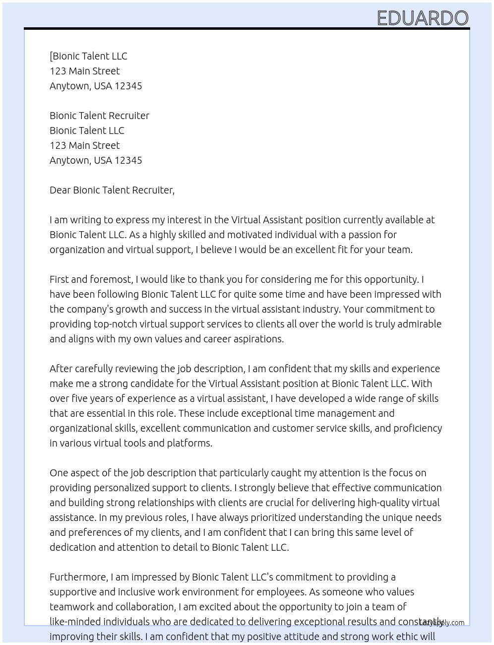 Virtual Assistant At Bionic Talent LLC Cover Letter