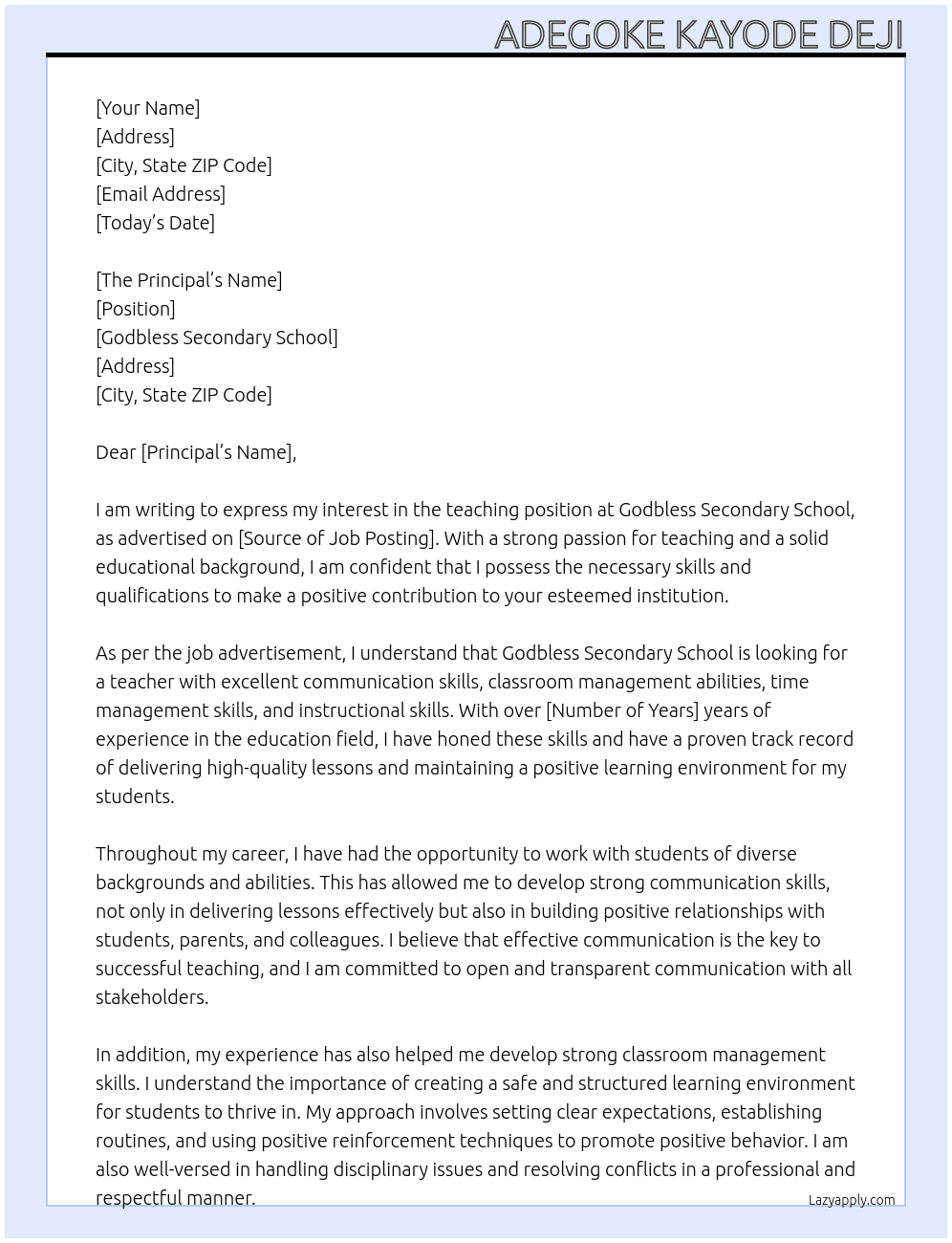 Cover letter for teacging position - LazyApply