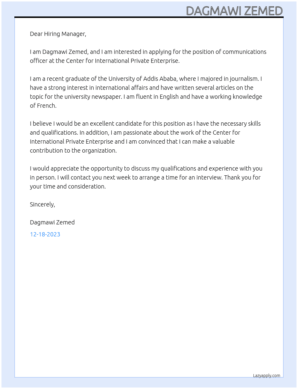 communications officer At Center for International Private Enterprise  Cover Letter