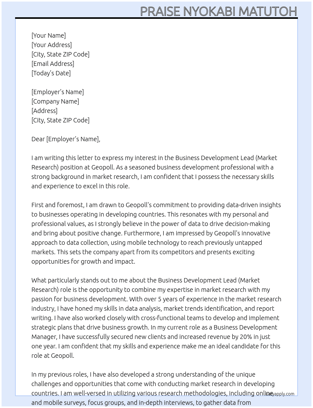 Business Development Lead (Market Research) At Geopoll Cover Letter