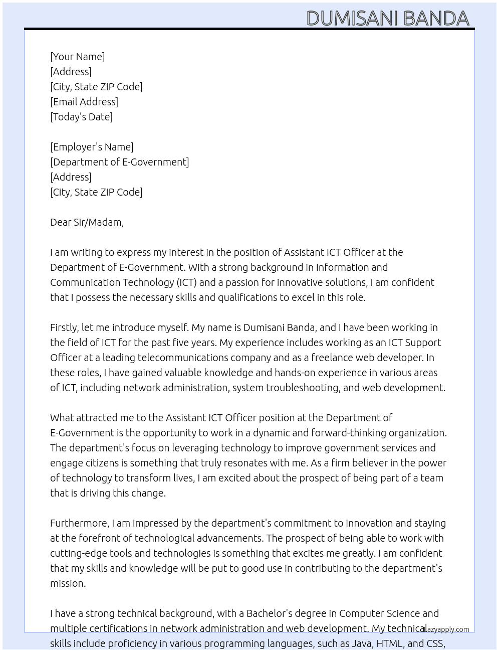 Assistant ICT Officer At Department of E-Government  Cover Letter