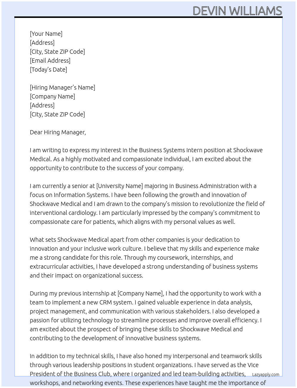 Buisness systems intern At Shockwave medical Cover Letter