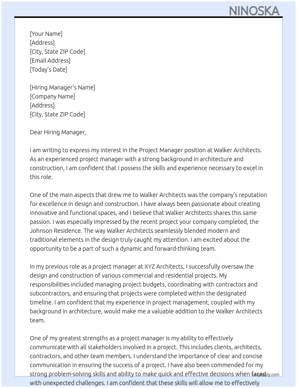 Project Manager At Walker Architects Cover Letter