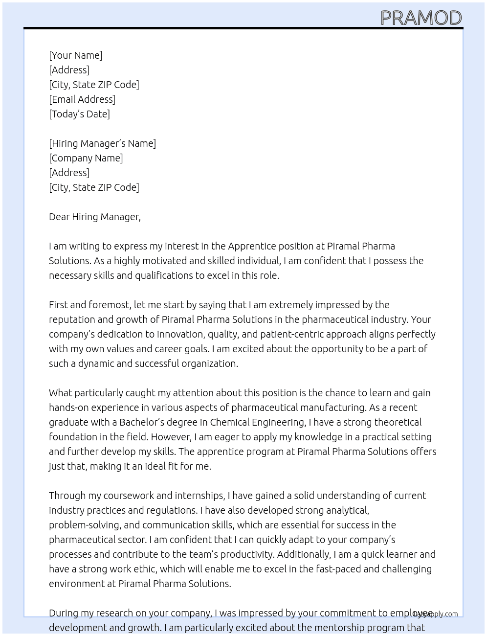 Apprentice At Piramal Pharma Solutions Cover Letter