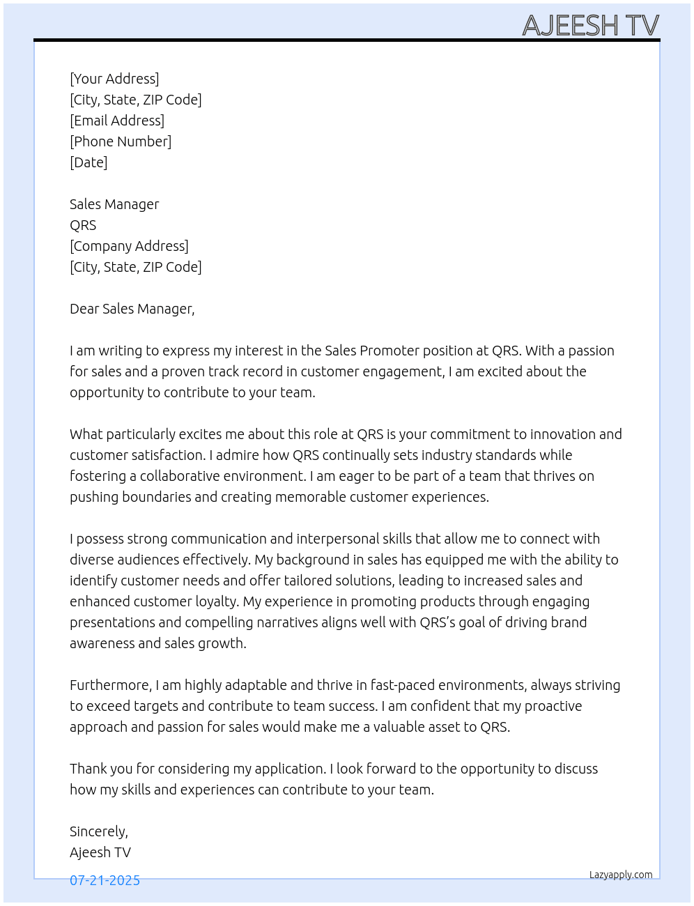 Sales Promoter  At QRS Cover Letter
