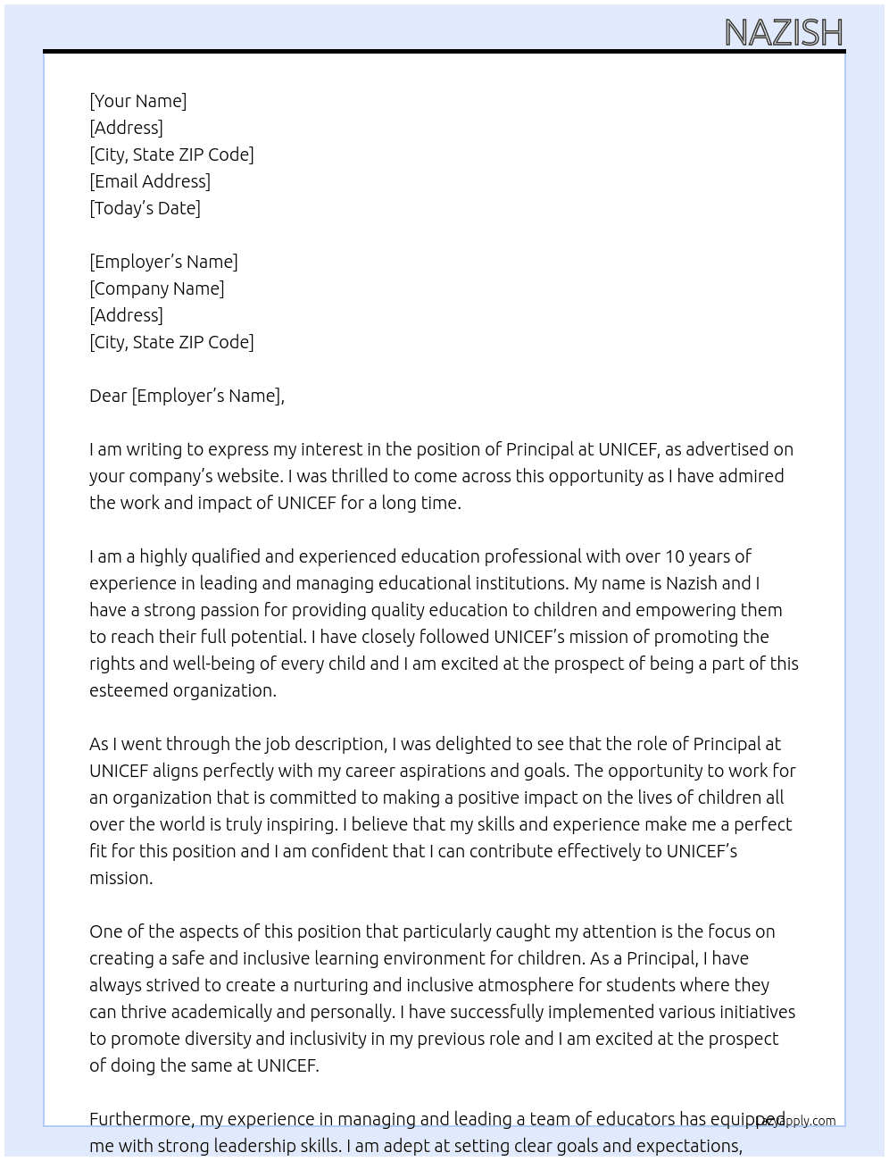 Principal At UNICEF Cover Letter