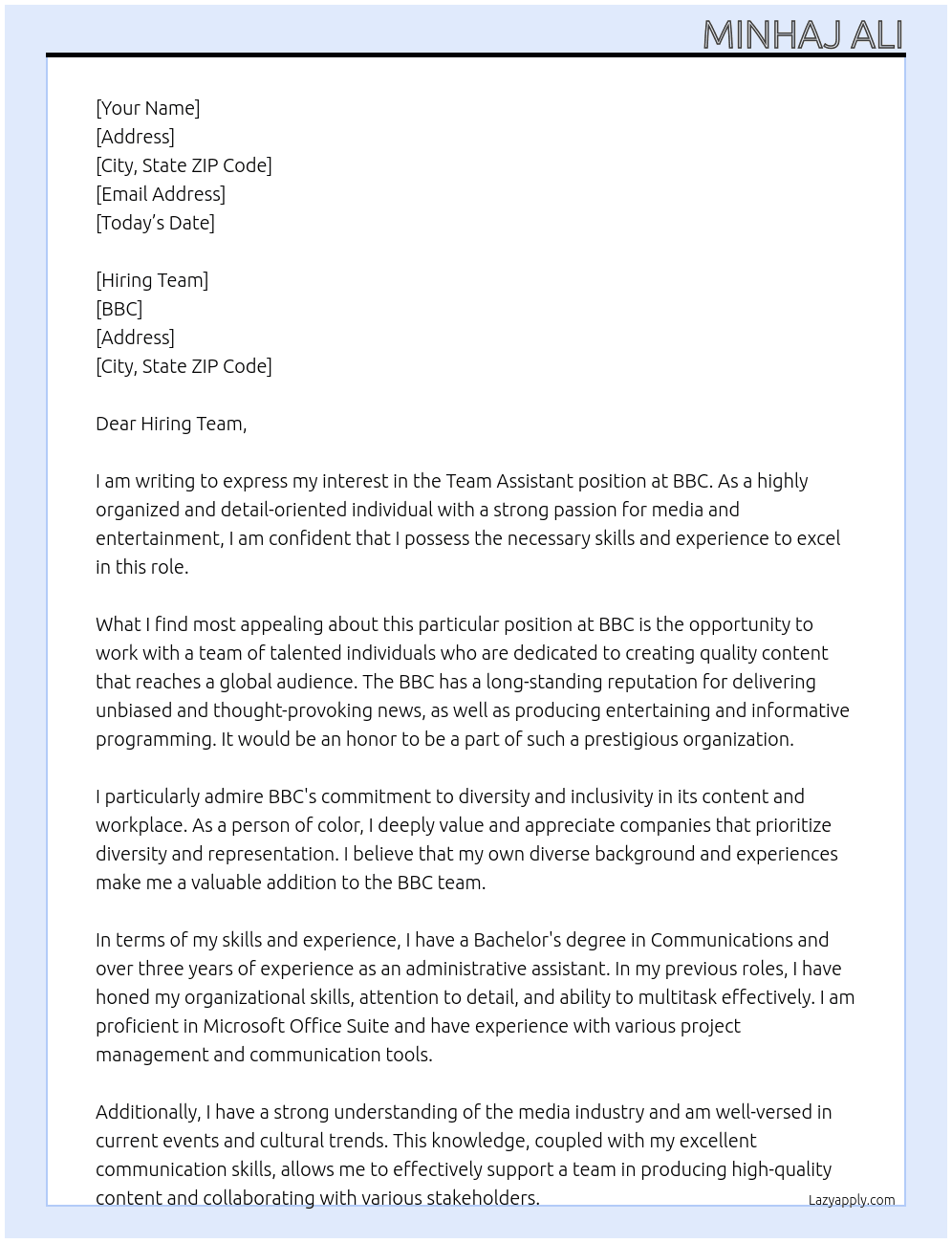 Team Assistant At BBC Cover Letter