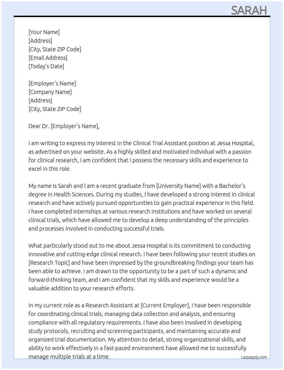 Clinical trial assistent  At Jessa hospital Cover Letter