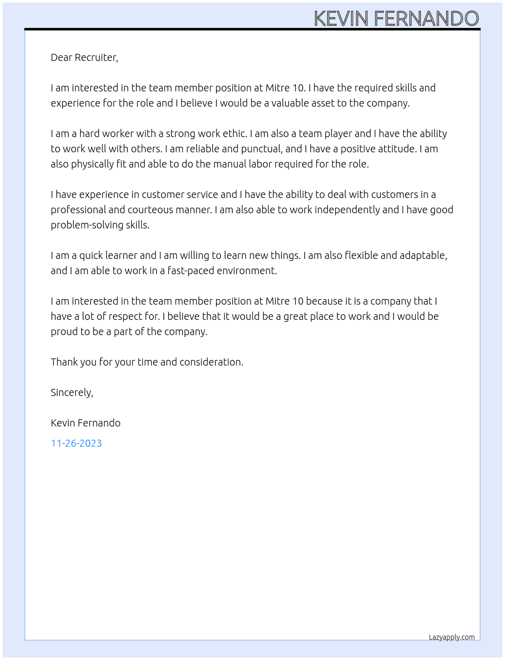 team member At mitre 10 Cover Letter