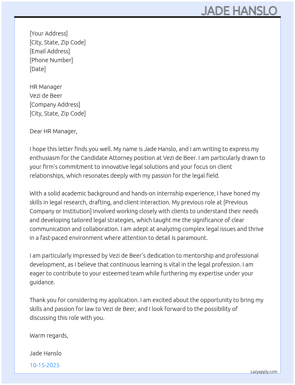 Candidate Attorney  At Vezi de beer Cover Letter