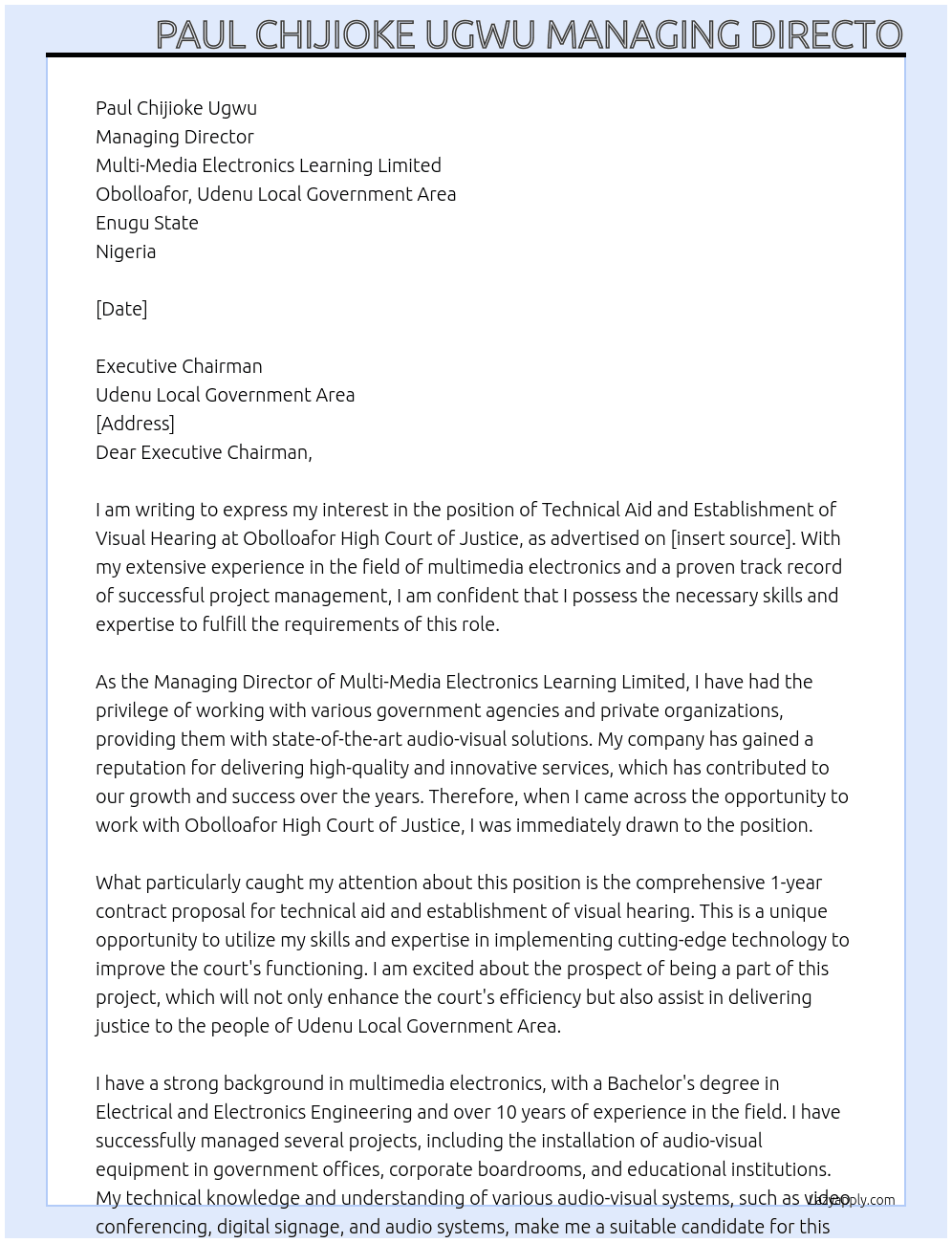 comprehensive 1-year contract proposal for technical aid and establishment of visual hearing at obolloafor high court of justice At oholloafor high court of justice Cover Letter