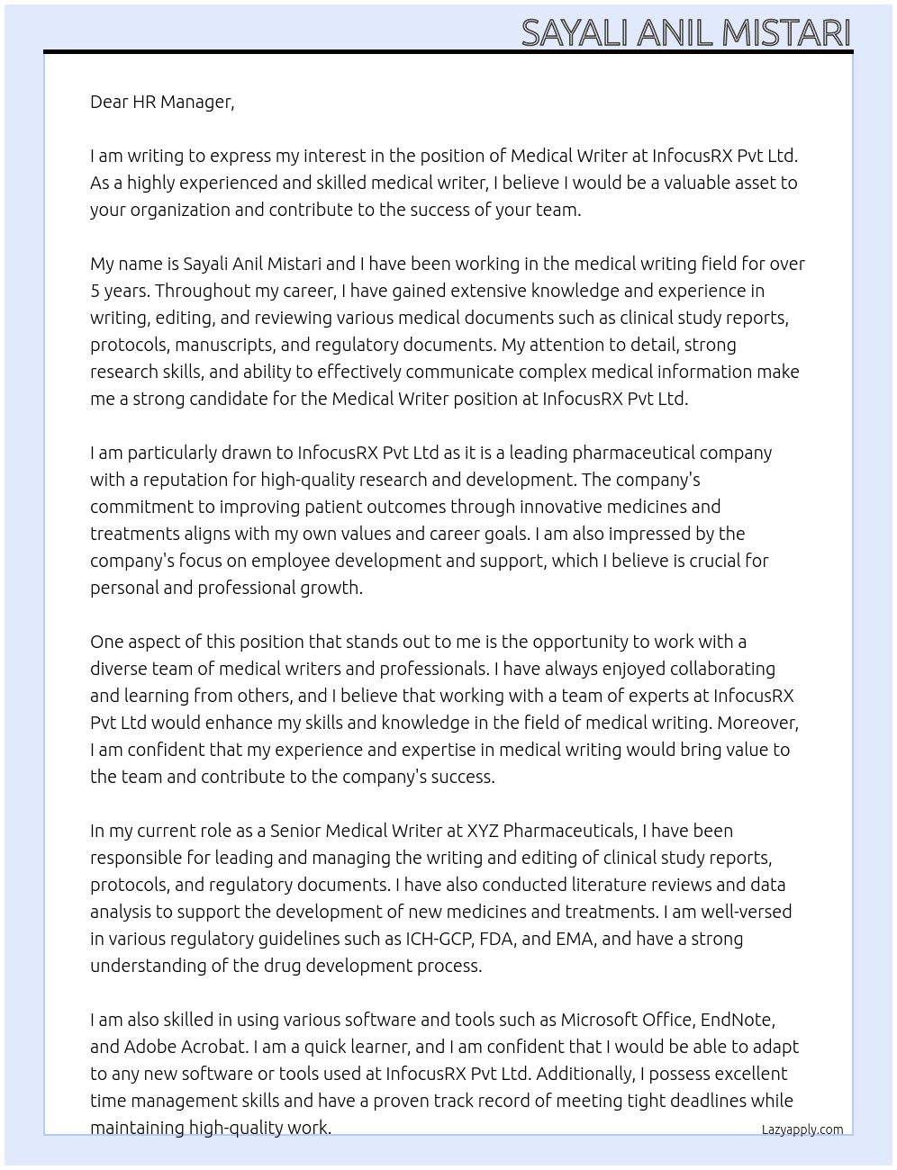Medical Writer  At InfocusRX Pvt ltd Cover Letter