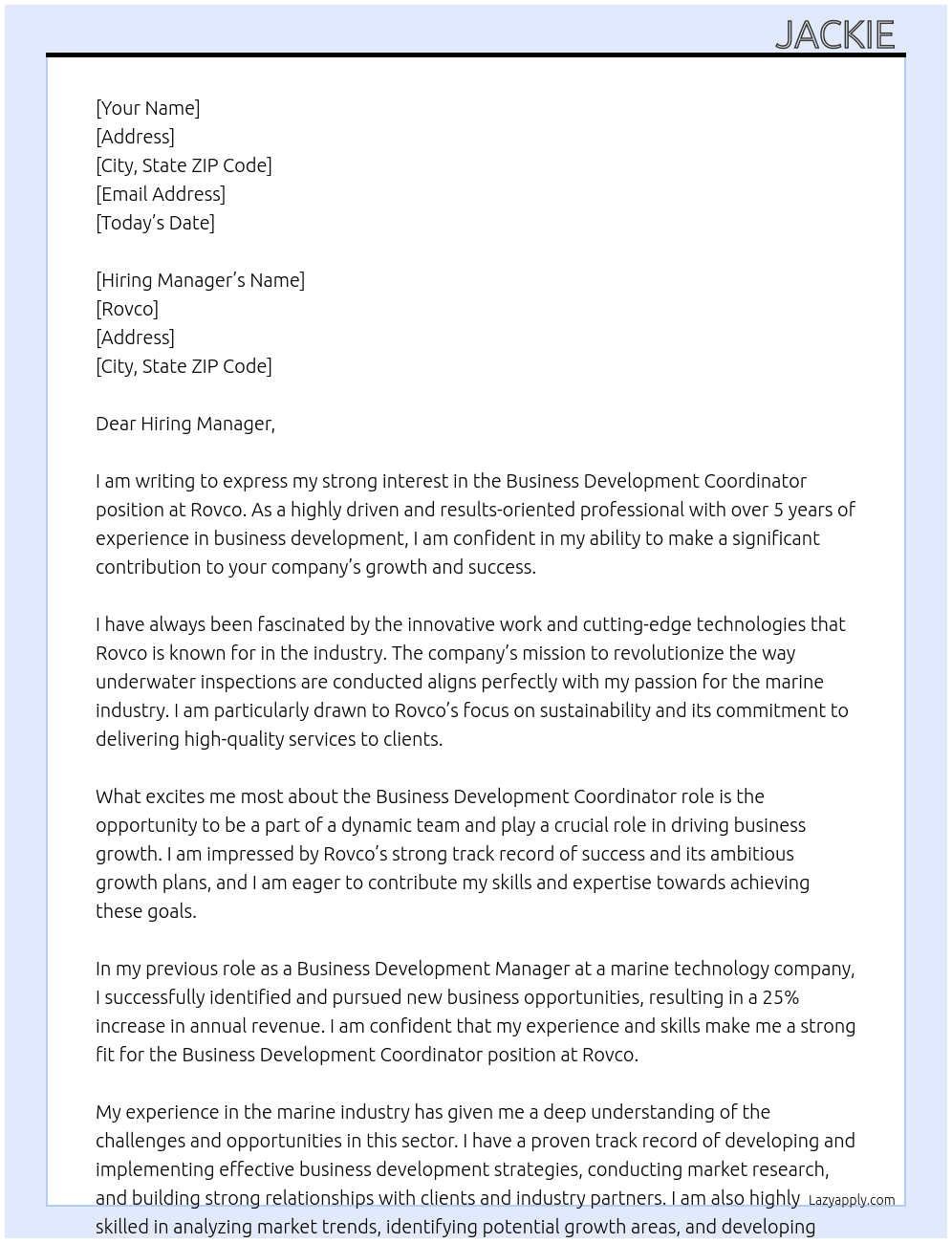 Business development coordinator At Rovco Cover Letter