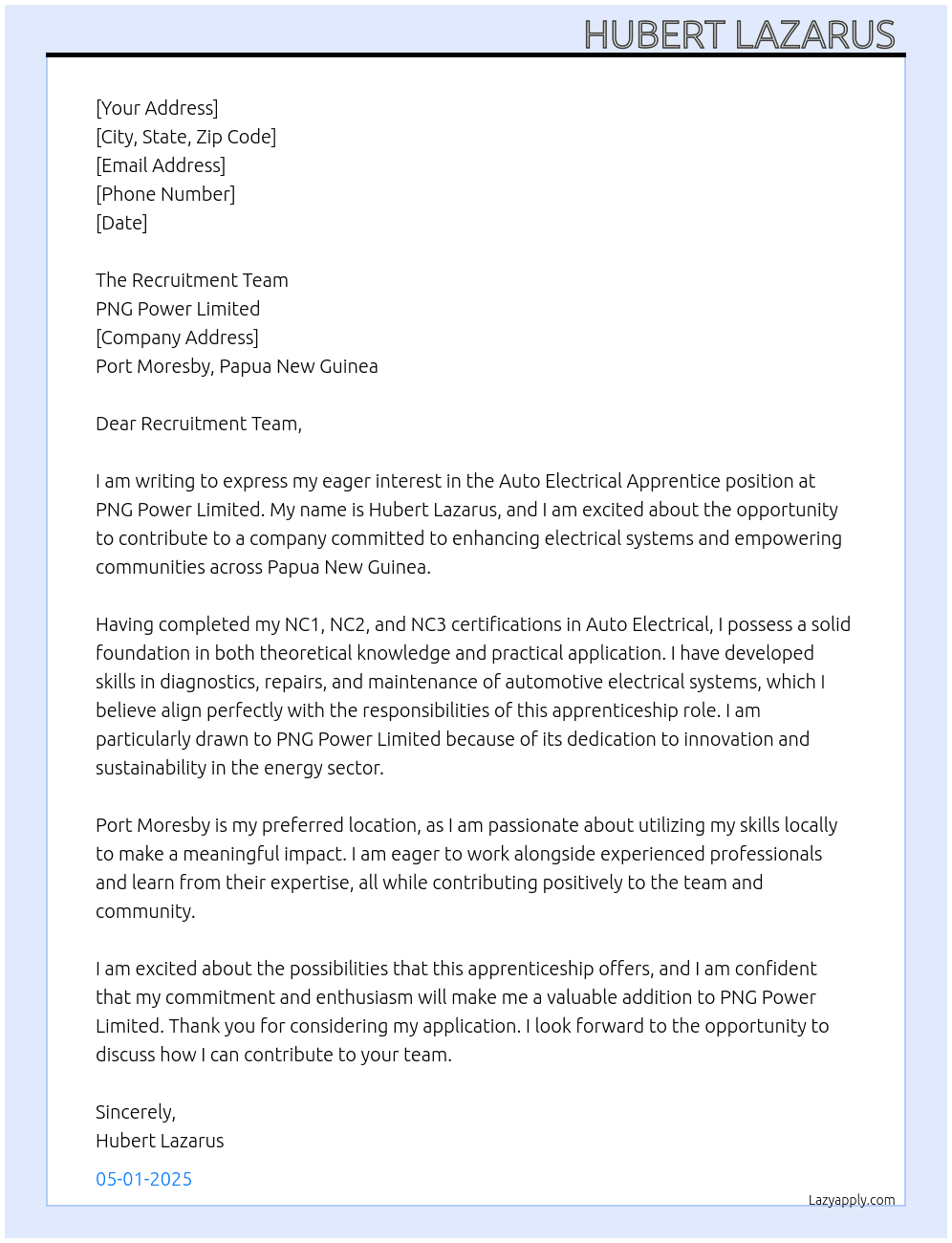 Auto Electrical Apprentice  At PNG Power Limited  Cover Letter