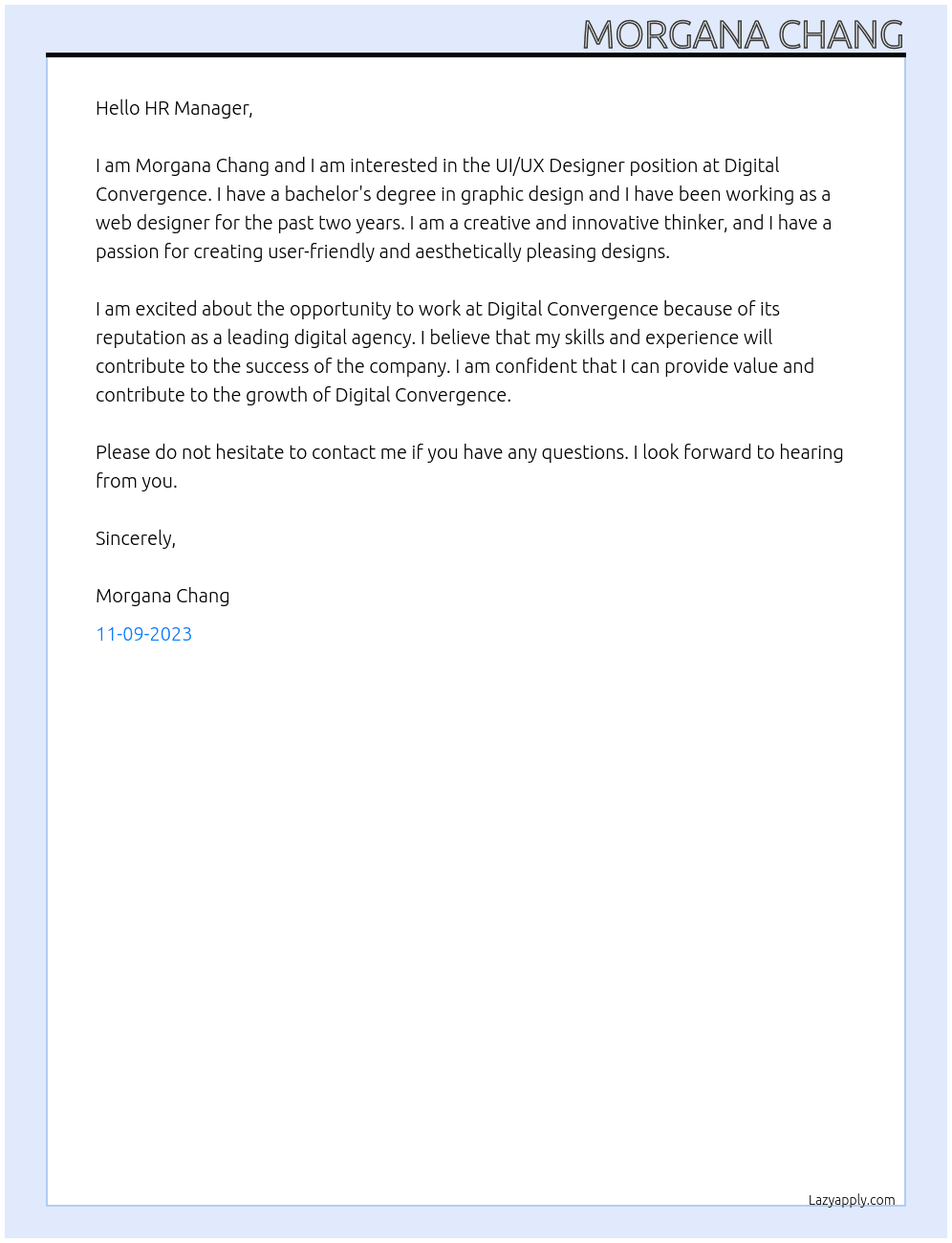 UI/UX Designer At Digital Convergence Cover Letter