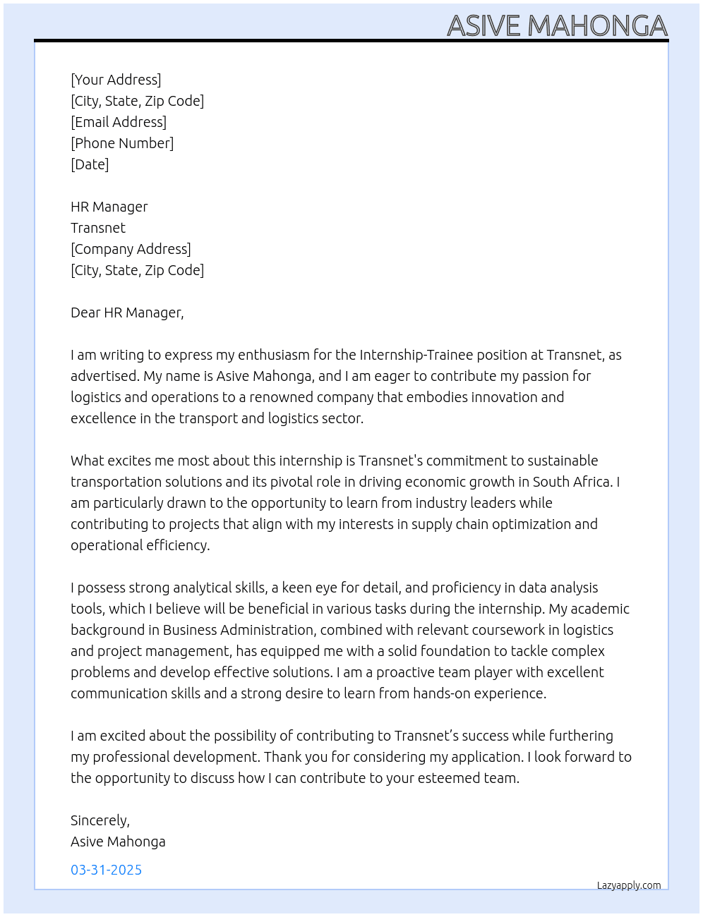 Cover letter for internship-trainee - LazyApply